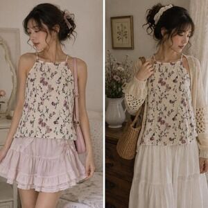 Alya Floral Swiss Dot Halter Tank Top Sz S Cottagecore Coquette Romantic Boho
